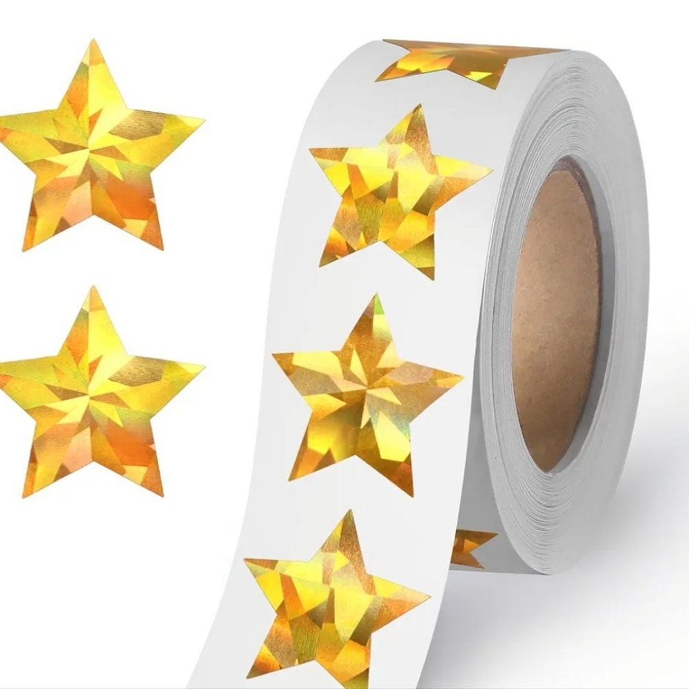 Brand new! Set of 2 rolls of 500 holographic metallic gold star stickers
